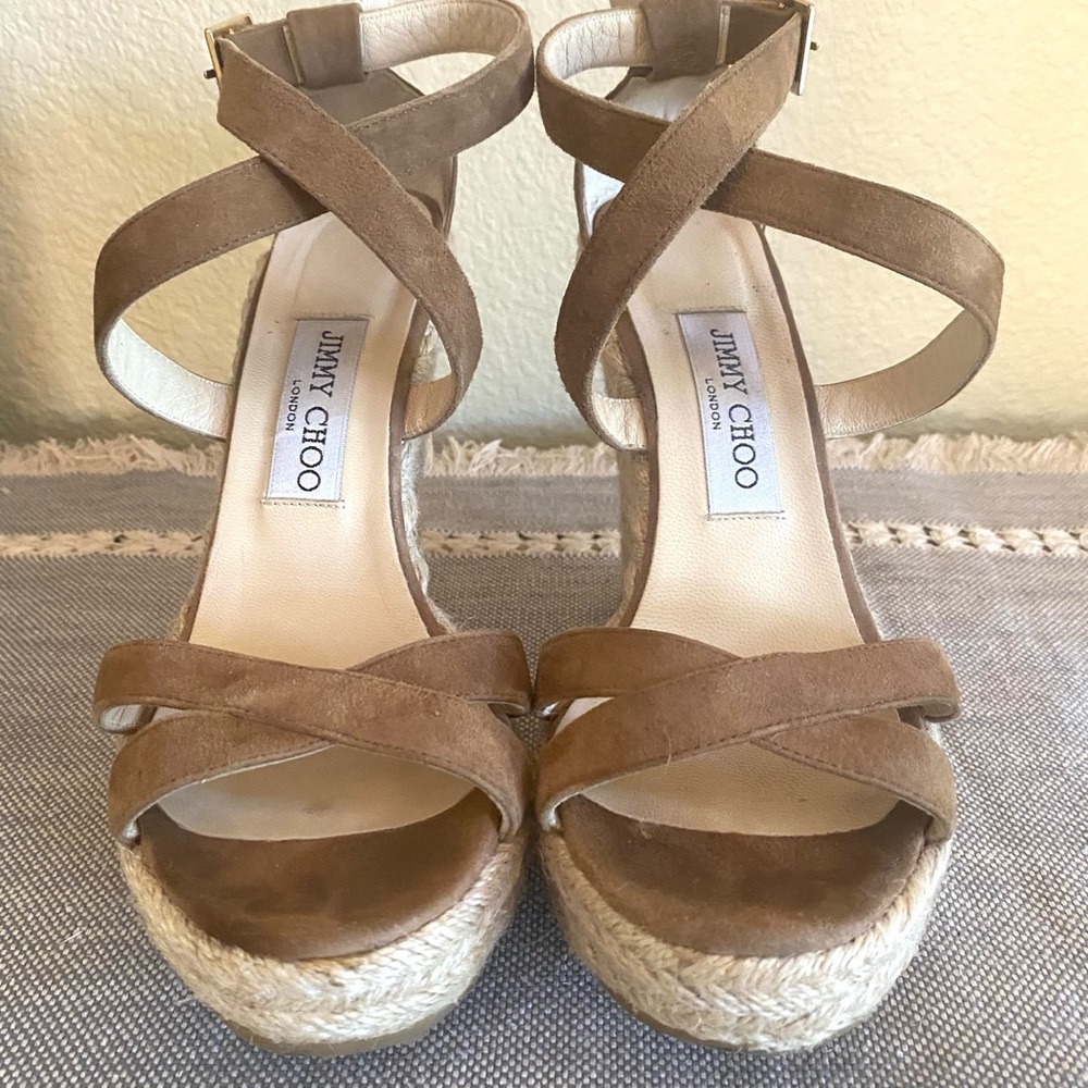 JIMMY CHOO SUEDE WOVEN WEDGES